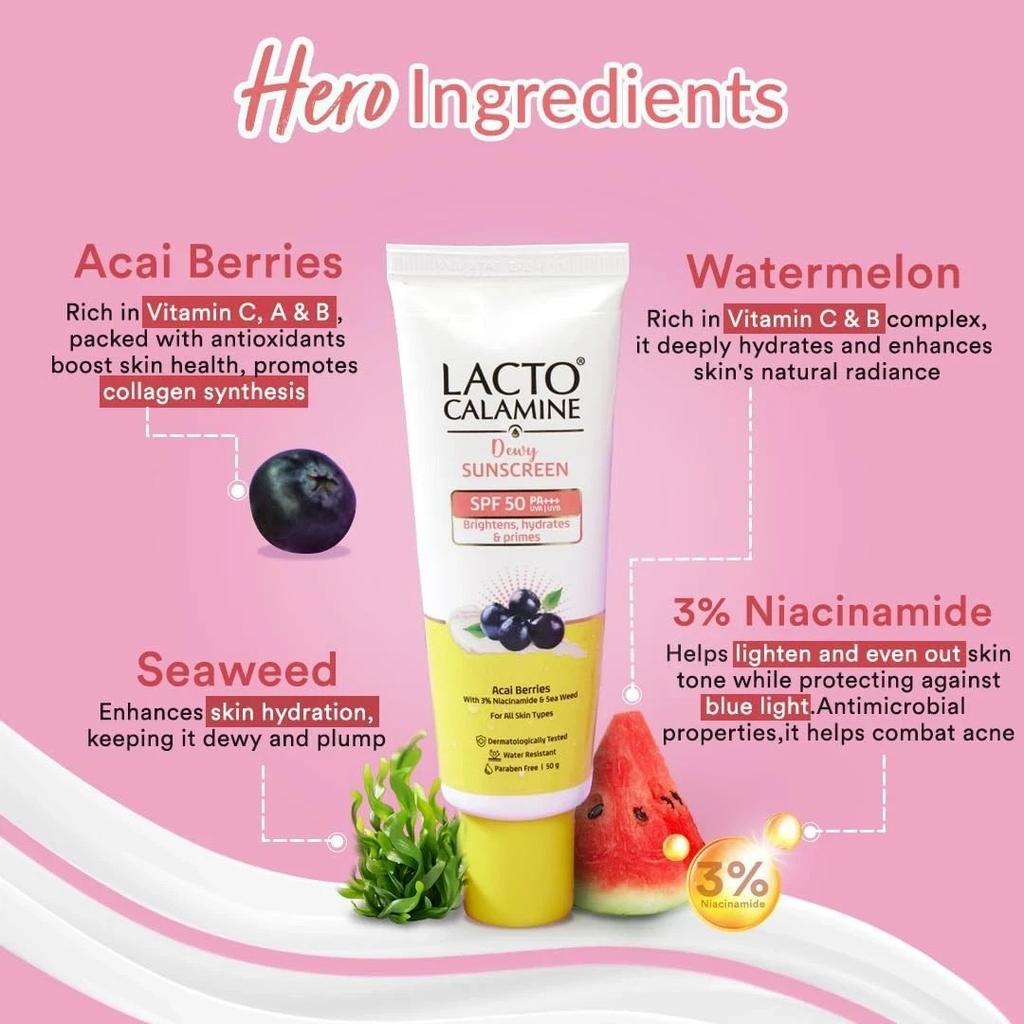 Lacto Calamine Dewy Sunscreen SPF 50 PA+++ 50g Niacinamide Dermatologically Test