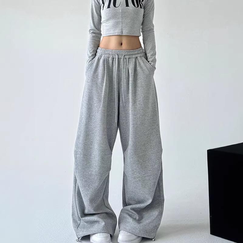 2025 Women's American-Style Grey High-Waist Cargo Sweatpants - Spring/Autumn Wide-Leg Loose Fit