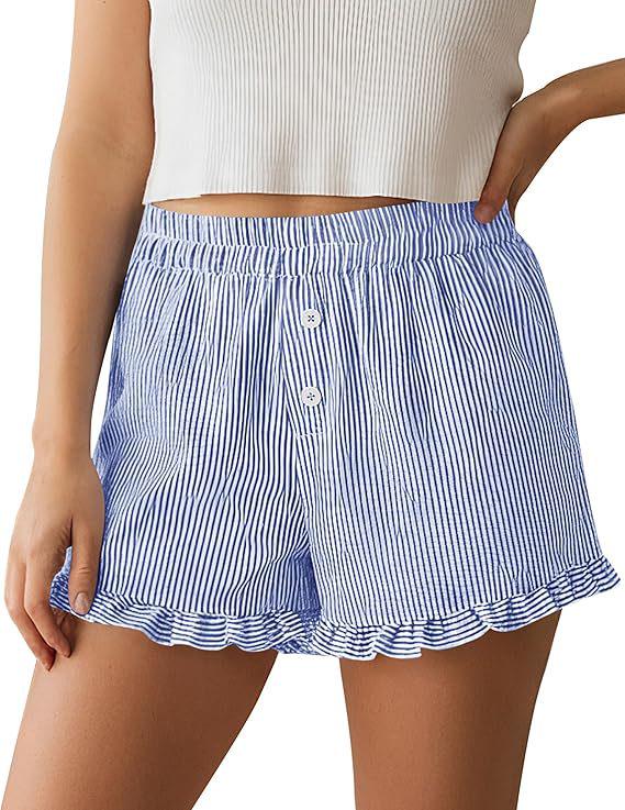 Women's Y2K Ruffle Striped Casual Shorts with Pockets - Spring/Summer Pajama Beachwear