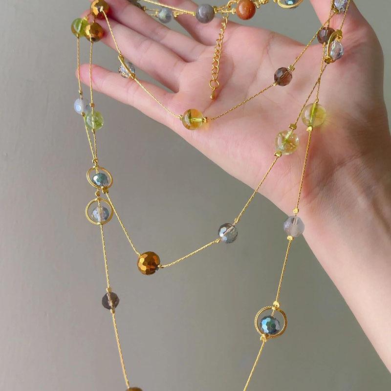 Chic Stone Glass Beaded Layered Necklace: High-End Sweater Chain Design for Women