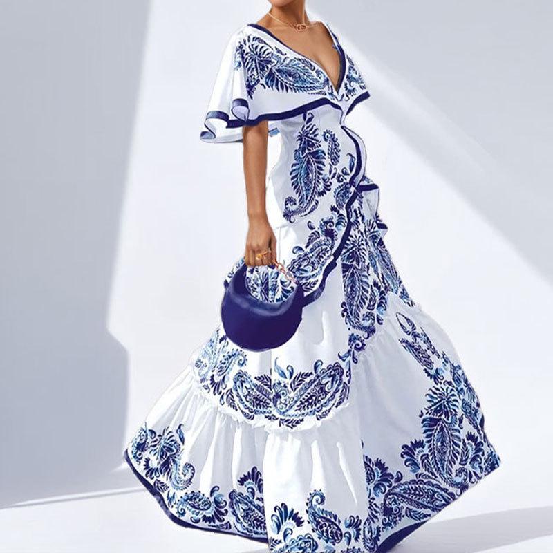 

2026 Spring Elegant V-neck French Printed Long Dress for Women M синій