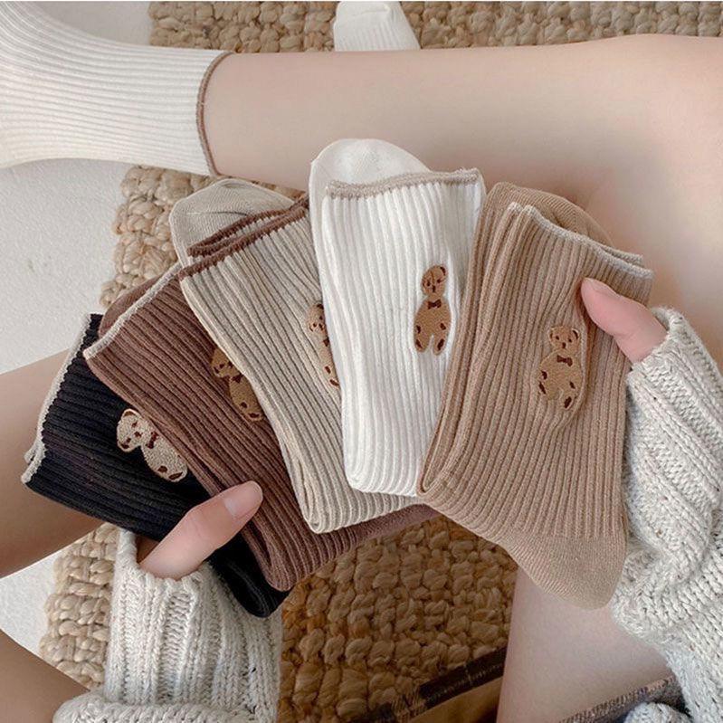 Women’s Mid-Calf Bear Socks - Japanese & Korean Style, Versatile for Spring, Autumn, Winter.