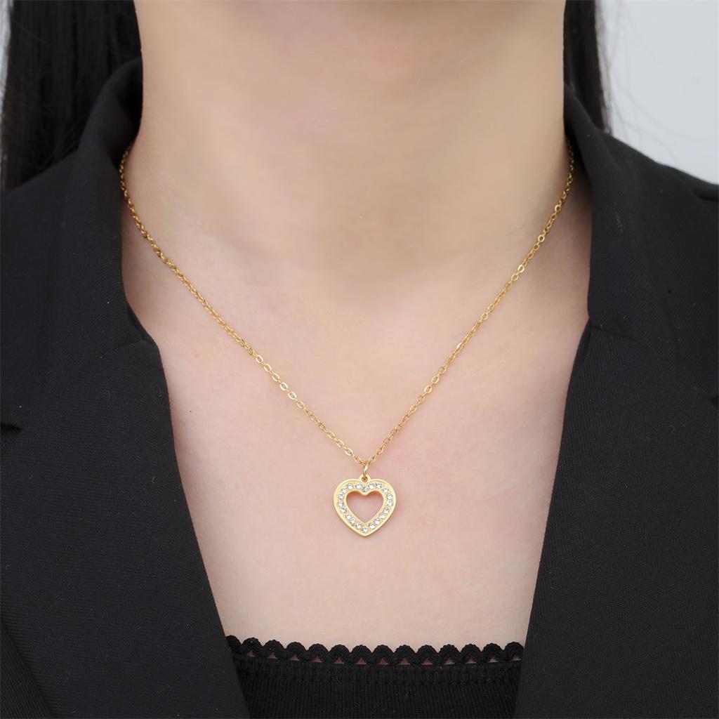 Rhinestones Heart Necklace for Women Stainless Steel Fashion Pentagram Star Pendant Chain Valentine's Day Jewelry Gift