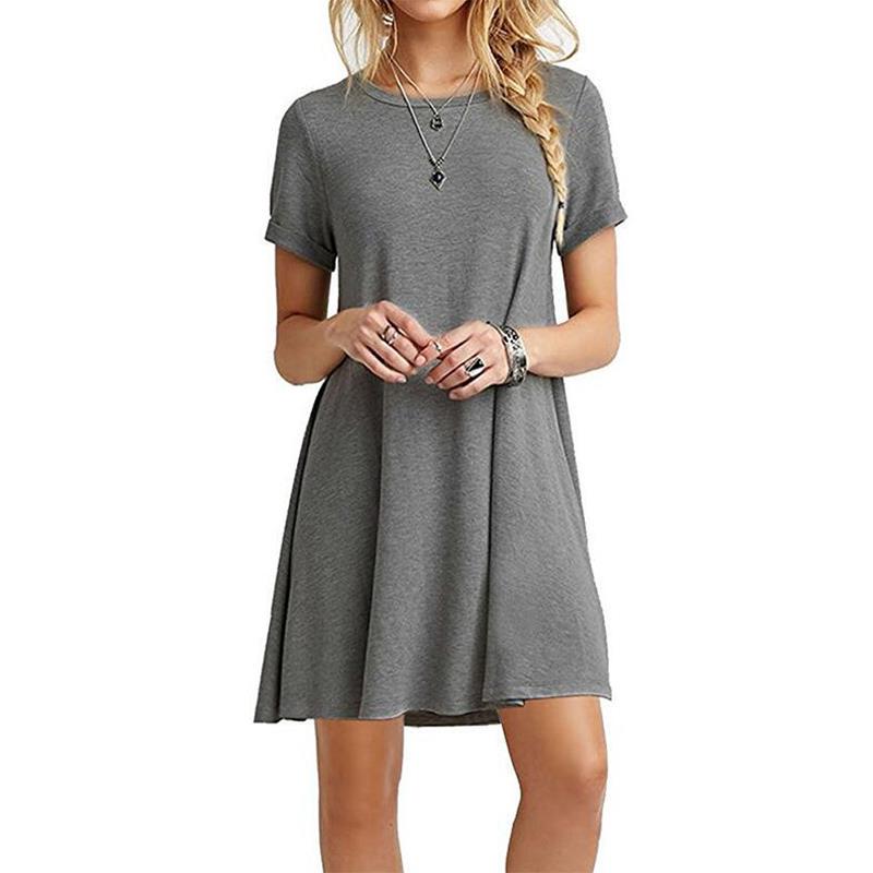 Fashion Womens Loose Simple Solid Color Print O Neck Short Sleeve Leaves Print Loose Streetwear A-line Dress