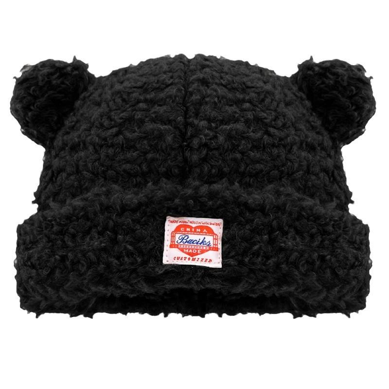 Korean Version of Cute Lamb Wool Bear Ear Label Pullover Hat for Women in Autumn and Winter Thickened Fashion Trend Versatile Basin Hat
