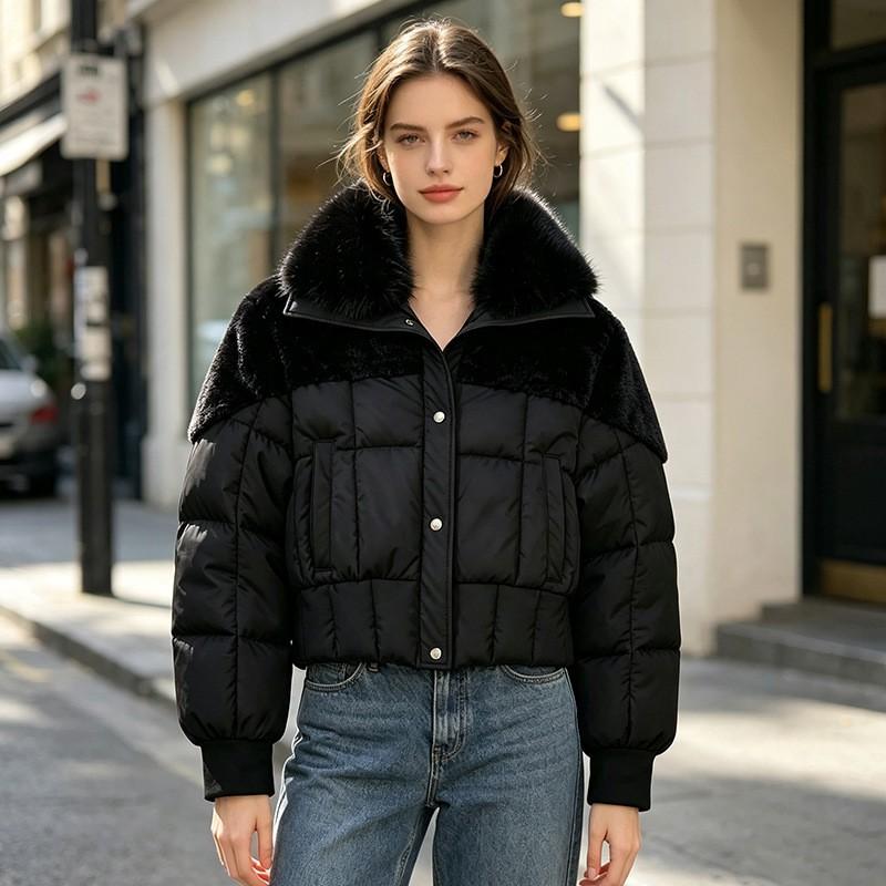 Womens Short Puffer Coat With Faux Fur Collar Loose Warm Winter Jacket In Khaki Black Beige Coffee