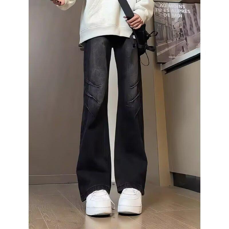 American retro washed dark blue jeans men's scimitar vibe pants high street handsome casual straight micro-pull pants