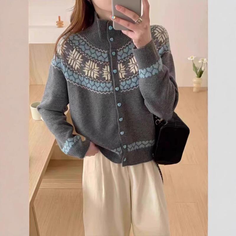 

Женский повседневный вязаный кардиган с отложным воротником в стиле ретро, жаккардовый свитер контрастных цветов в стиле Фэр-Айл one size fits all серый