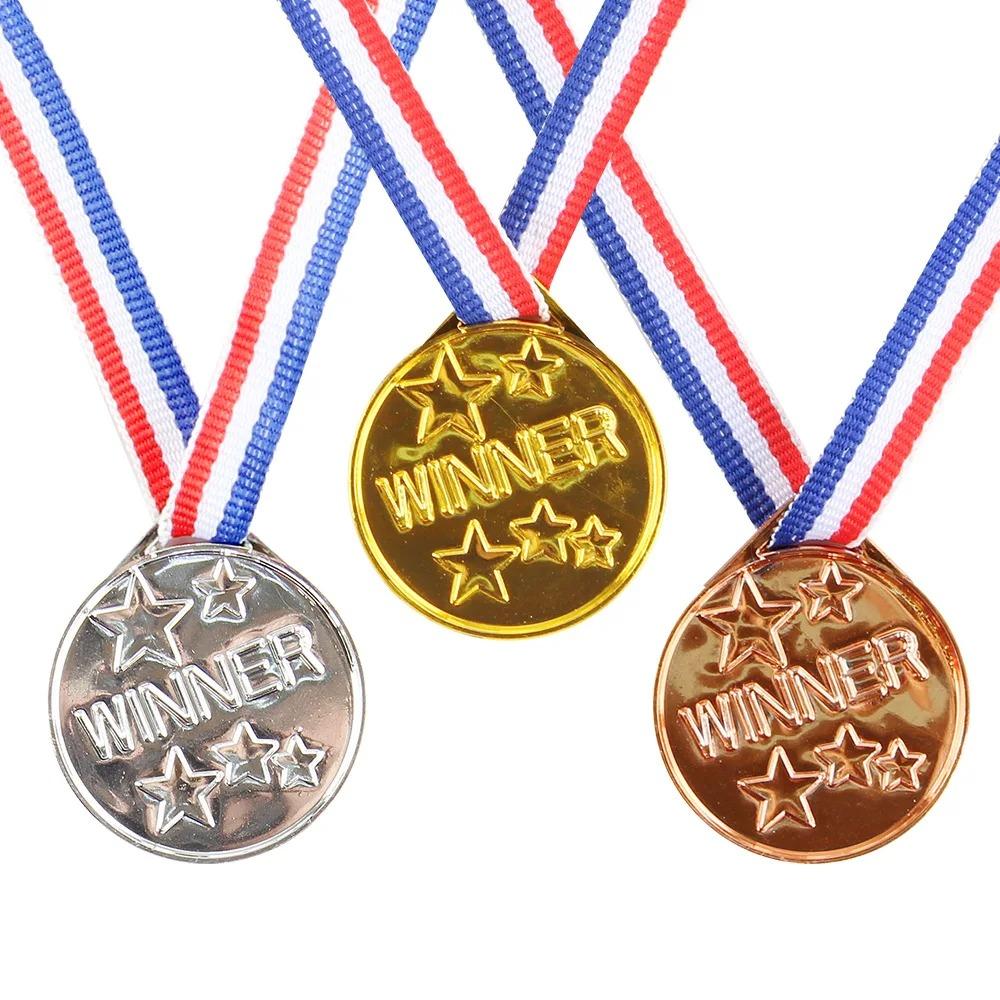 

3 Pcs Set Plastic Award Medals with Neck Ribbon Gold Silver Bronze Style for Sports Game Competition Movie Prop Diameter 5.1cm