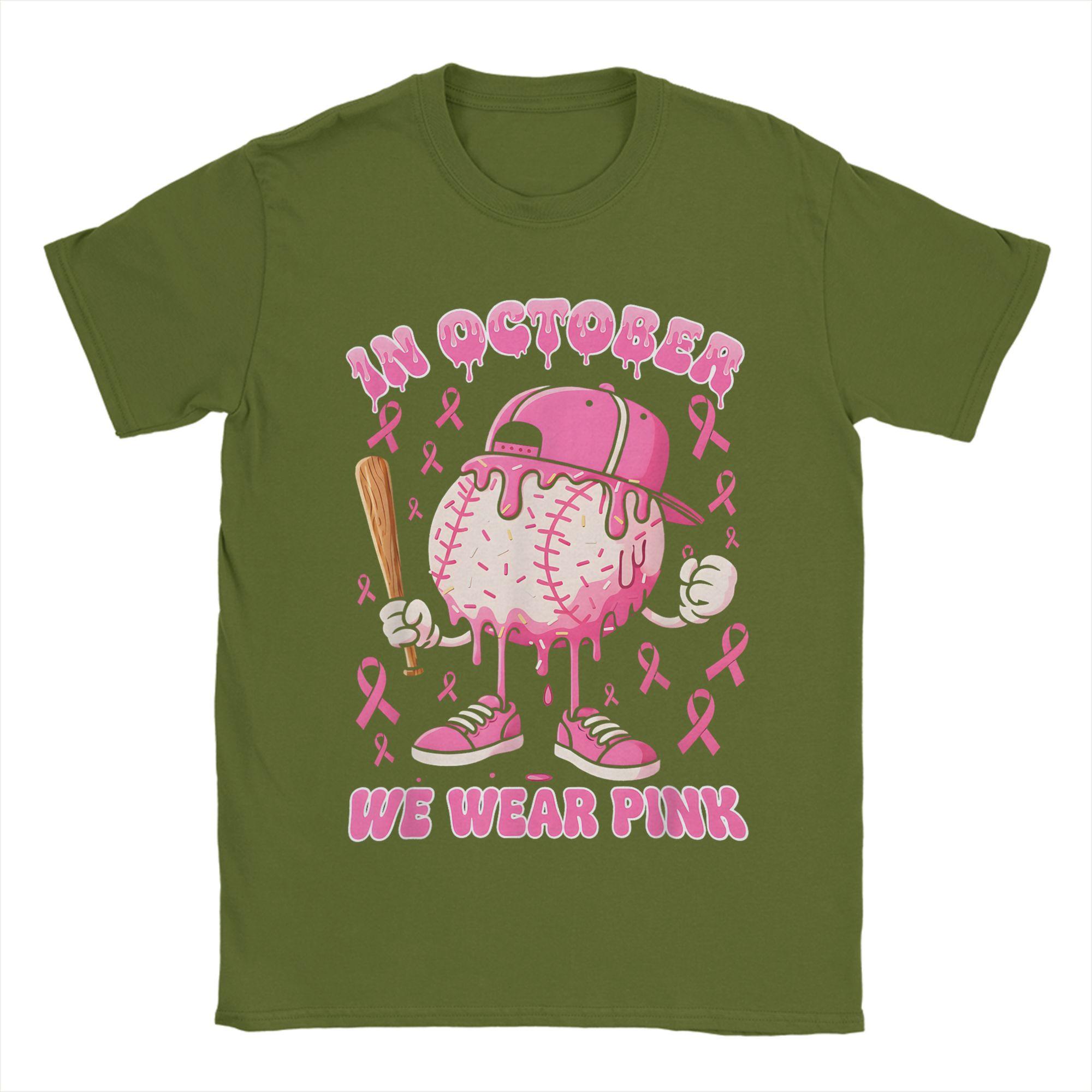 

Humor Baseball Ice Cream Drip in October Wear Pink Breast Cancer T-Shirt Men O Neck 100% Cotton T Shirts Short Sleeve Tees Tops 4XL