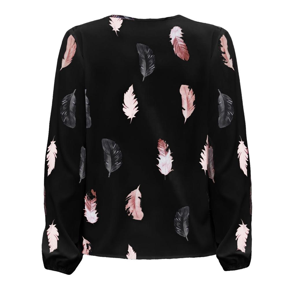Ladies Fashion New Feather Print Notched Neck  Sleeve Blouse Long Sleeve Tops