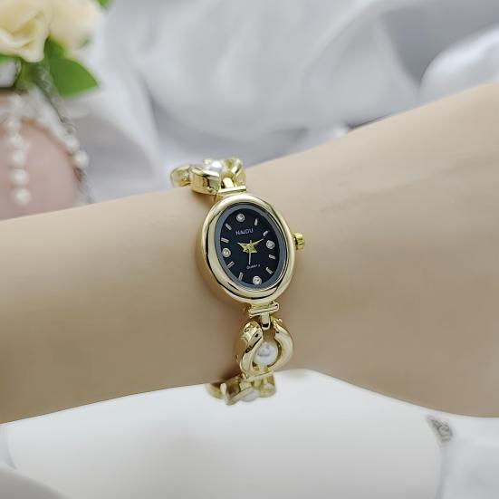 Ladies Bracelet Watch Faux Pearl Oval Dial Watch Women Vintage Quartz Wristwatch Elegant Dress Watch for Party Date