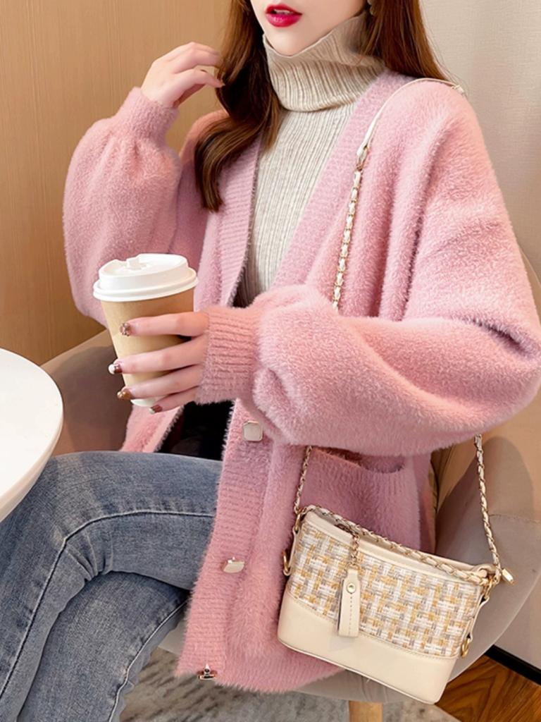 Imitation mink velvet knitted cardigan women's new Korean version autumn and winter versatile loose thickened medium and long outer sweater jacket
