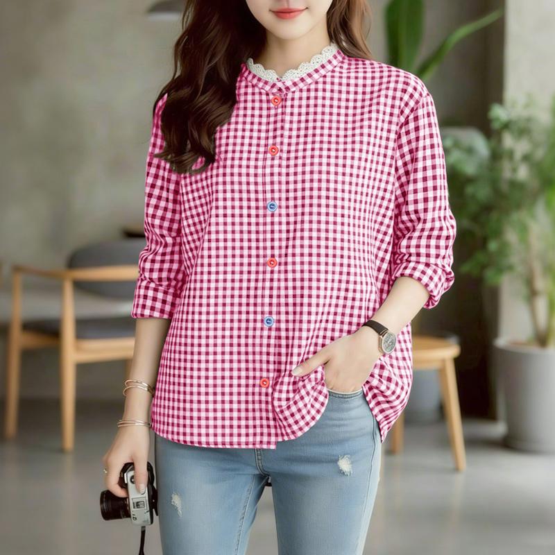 ZANZEA Women Splice Round Neck Casual Long Sleeve Plaid Print Blouse 5XL темно-розовый