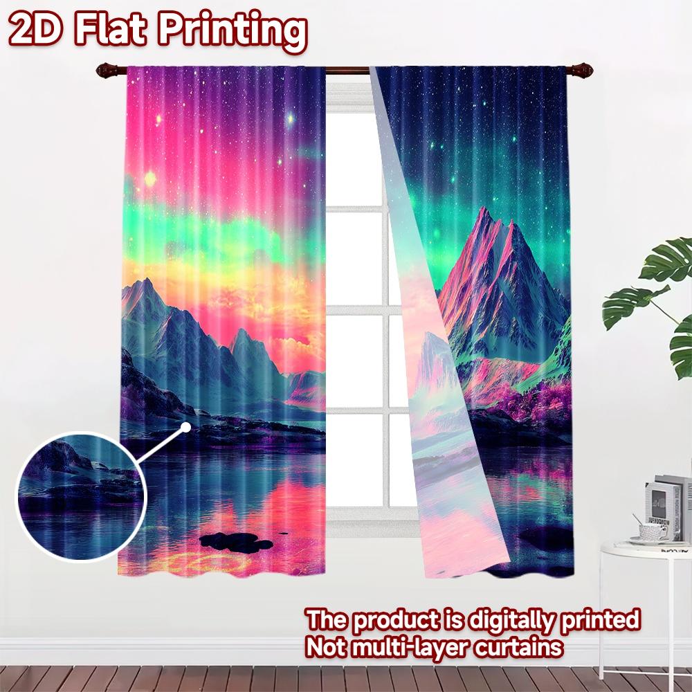 2D Flat Printing 2pcs Curtains Aurora Mountain Lake Reflection Digital Printed Polyester Drapes Festive Wall Decor Perfect for