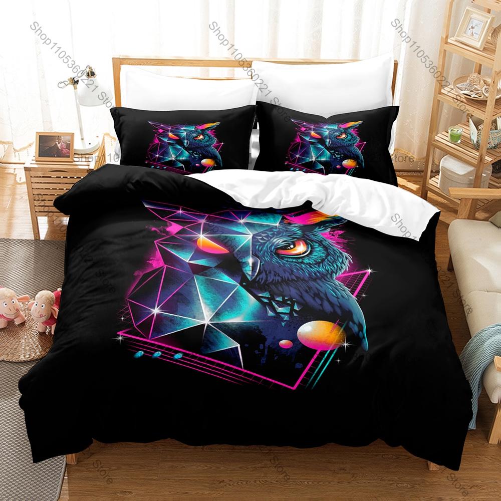 Cool Owl Minimalist Wildlife Nocturnal Bird Vintage Cartoon Animal Art HD Print Bedding Set Duvet Cover + 2 Pillowcases Animal