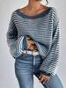 One-word neck knitted sweater versatile loose contrasting color striped lantern sleeve lazy wind sweater women's Europe and America