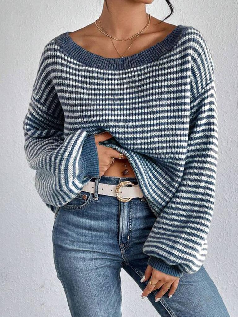 One-word neck knitted sweater versatile loose contrasting color striped lantern sleeve lazy wind sweater women's Europe and America