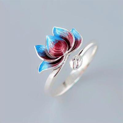 New Fashion Burnt Blue Cloisonne Lotus 925 Sterling Silver Jewelry Personality Epoxy Two -Color Lotus Flower Opening Rings Tyb29