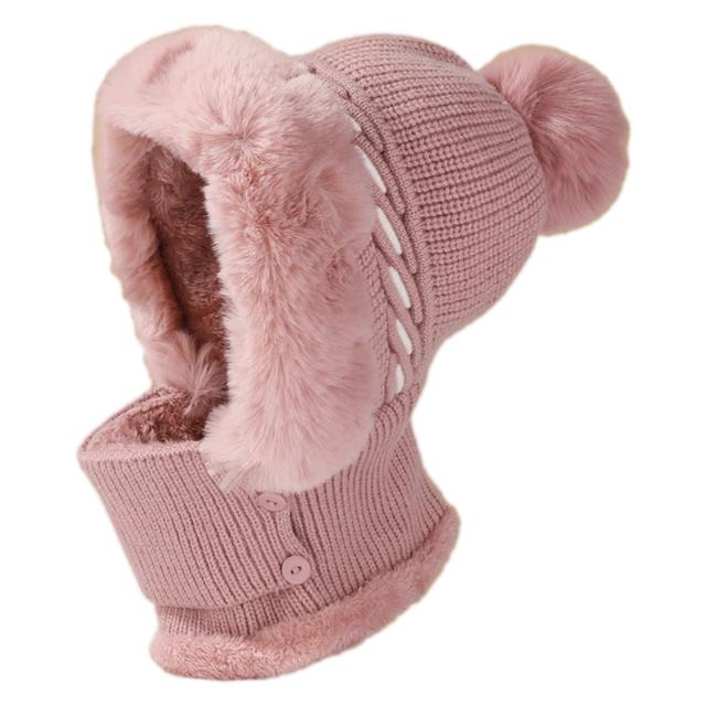 Winter-Plüsch-Skimütze, einteiliges Schal-Mützen-Set, Gesichtsmaske, Ohrenschutz, Strickmützen, Kunstfell-Pompon, Wollmützen, Nack, warm, für Outdoor-Wanderungen und Reiten