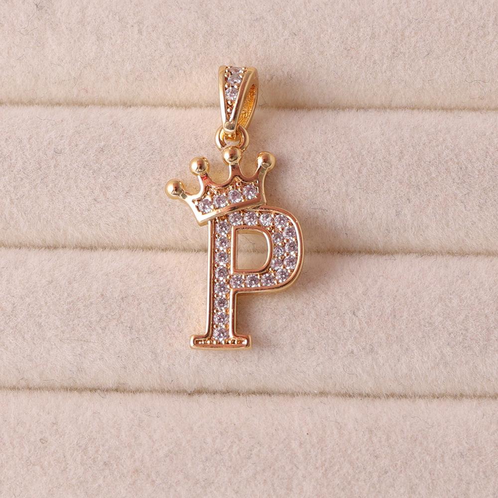 Gold-Plated Crown Rhinestone Letter Pendant Necklace