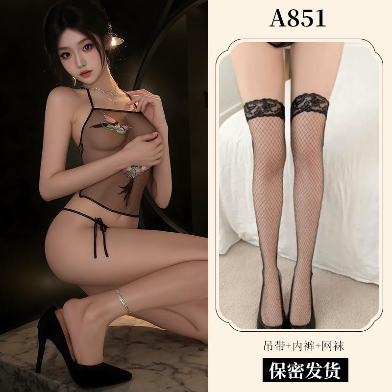 Sex Underwear Pure Desire Transparent Mesh Embroidery Suspender Belly Pocket Strap Panty Set Battle Robe Pajamas A