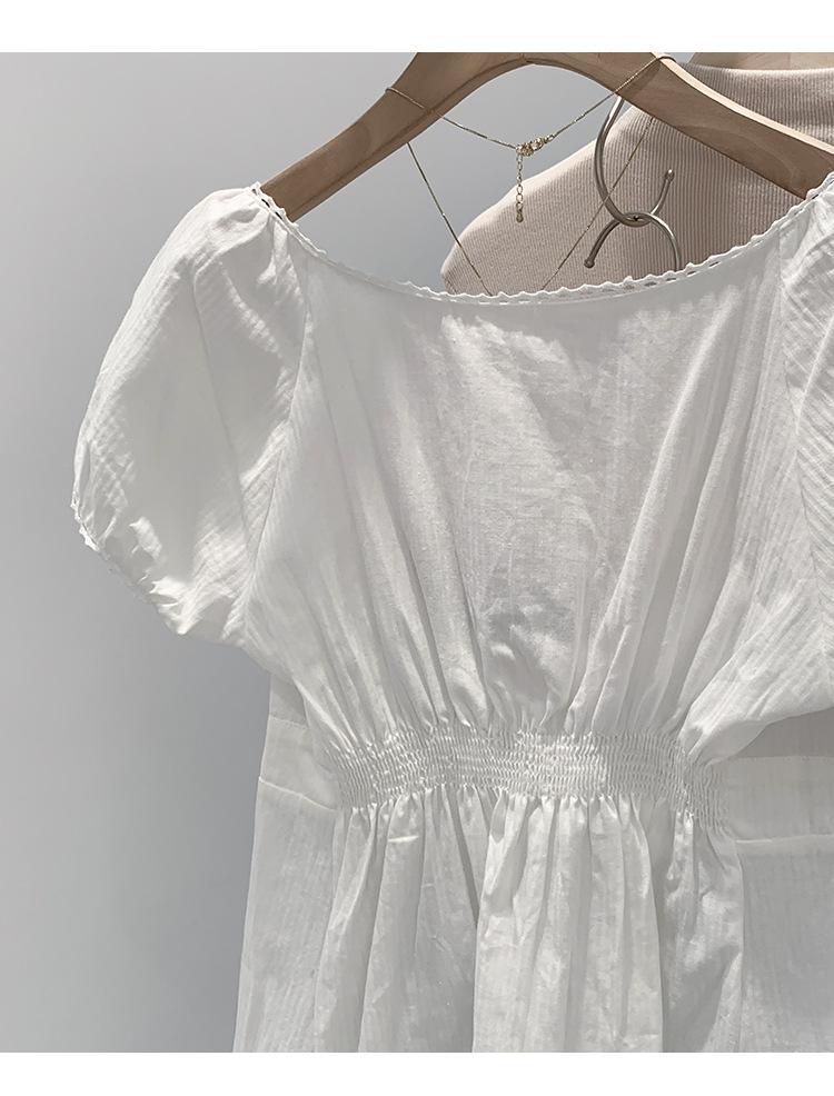 Chic French White Short-Sleeve Bubble Collar Top for Women