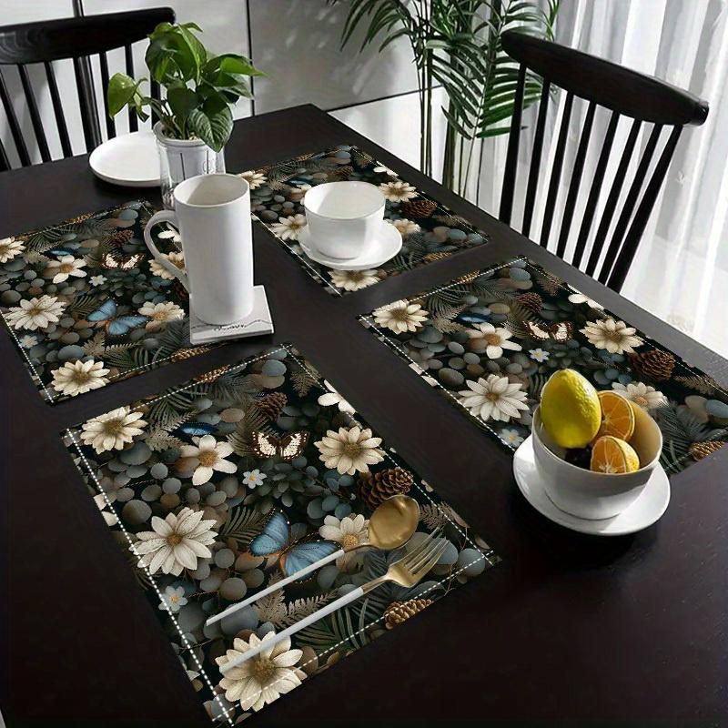 4 Pcs Placemat Table Mat Farmhouse Wind Non-slip Linen Placemats Floral Print Family Party Decoration Machine Washable