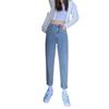 High-Waisted Fleece-Lined Korean Style Jeans for Petite Women, Autumn/Winter, Loose Fit, Straight Leg, Harem Carrot Cut.