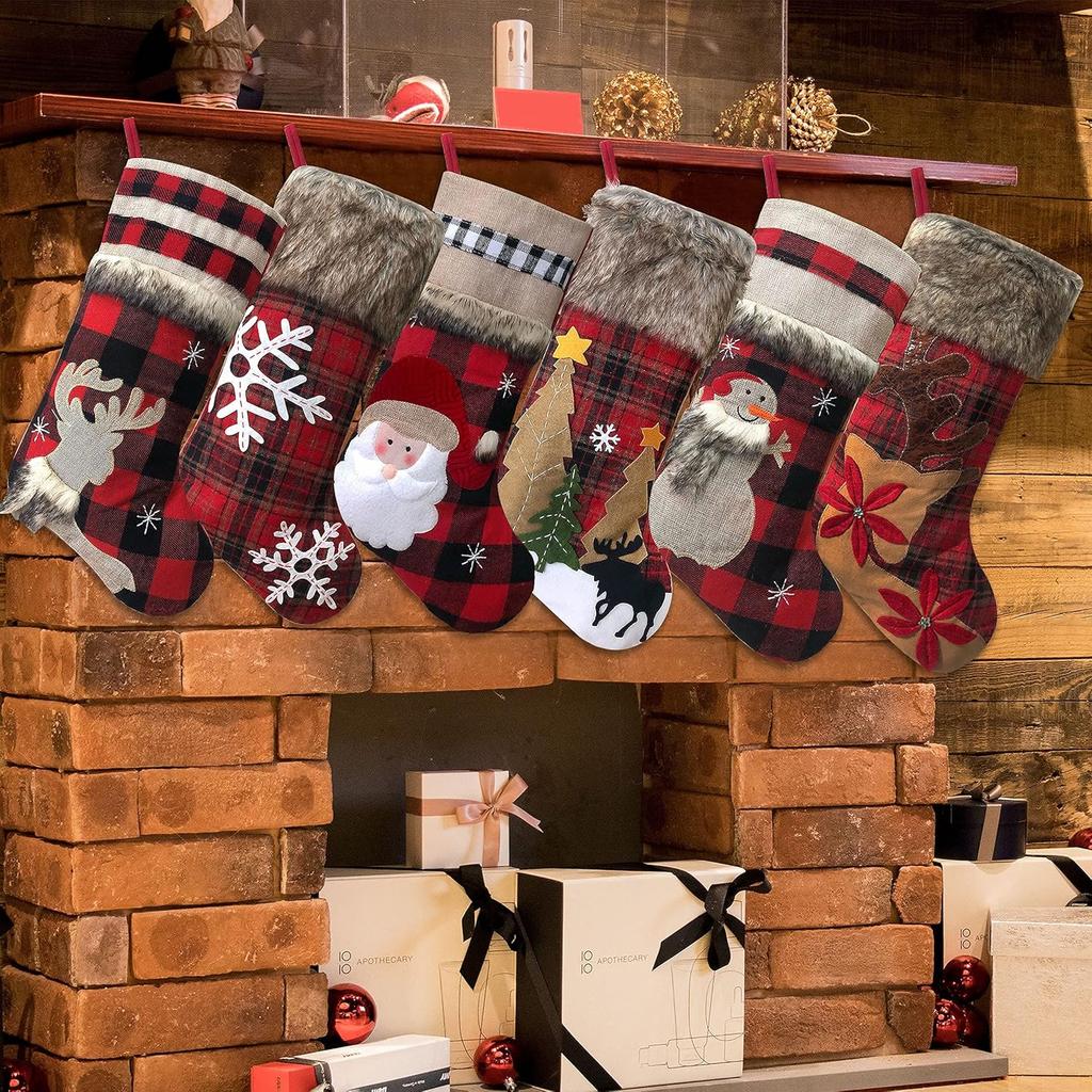 BRvieluck Christmas Stockings Set of 6 Buffalo Red Plaid with Soft Faux Fur for Family Fireplace Hanging Large 20 Inches Xmas Stockings Decorations