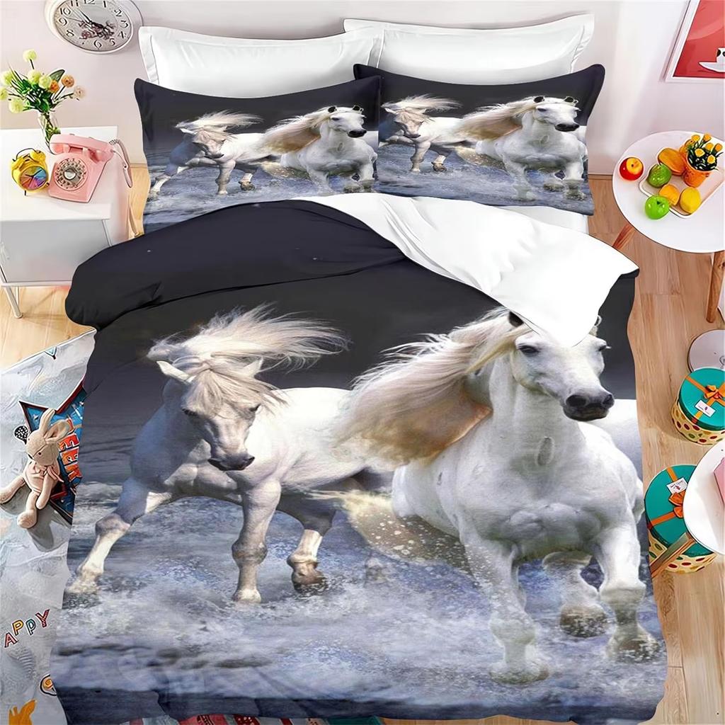 Animal Horse Quilt Cover Set Hidden Zipper, Horse Duvet Cover with Pillowcases Soft Microfiber Bedding Set  for Kids Adults