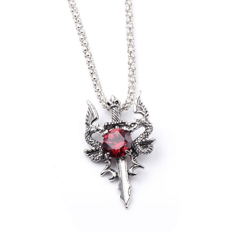 Vintage Dragon Amulet Necklace Double Dragon Sword Crucifix Crystal Pendant Punk Animal Dragon Jewelry Gift for Men Boys