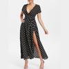 Women Short Sleeve V Neck Swing Dress With Elegant Polka Dot Print And Slit Detail