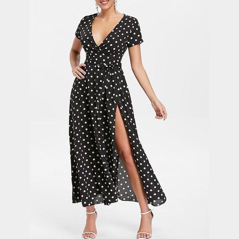 Women Short Sleeve V Neck Swing Dress With Elegant Polka Dot Print And Slit Detail