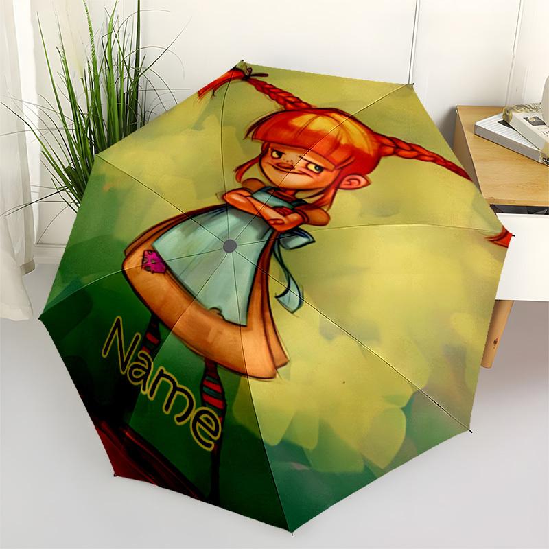 1PC Pippi Longstocking - Custom Name Automatic Folding Umbrella - Compact 8-Rib Design, Durable Plastic & Iron, Daily Use S0106019