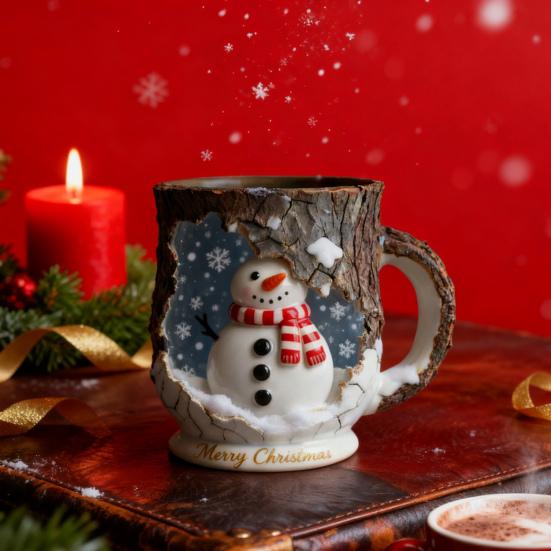 Festive Christmas Mug 3D Tree Bark Texture Themed Santa Reindeer Coffee Cup Resin Holiday Decor Novelty Gifts