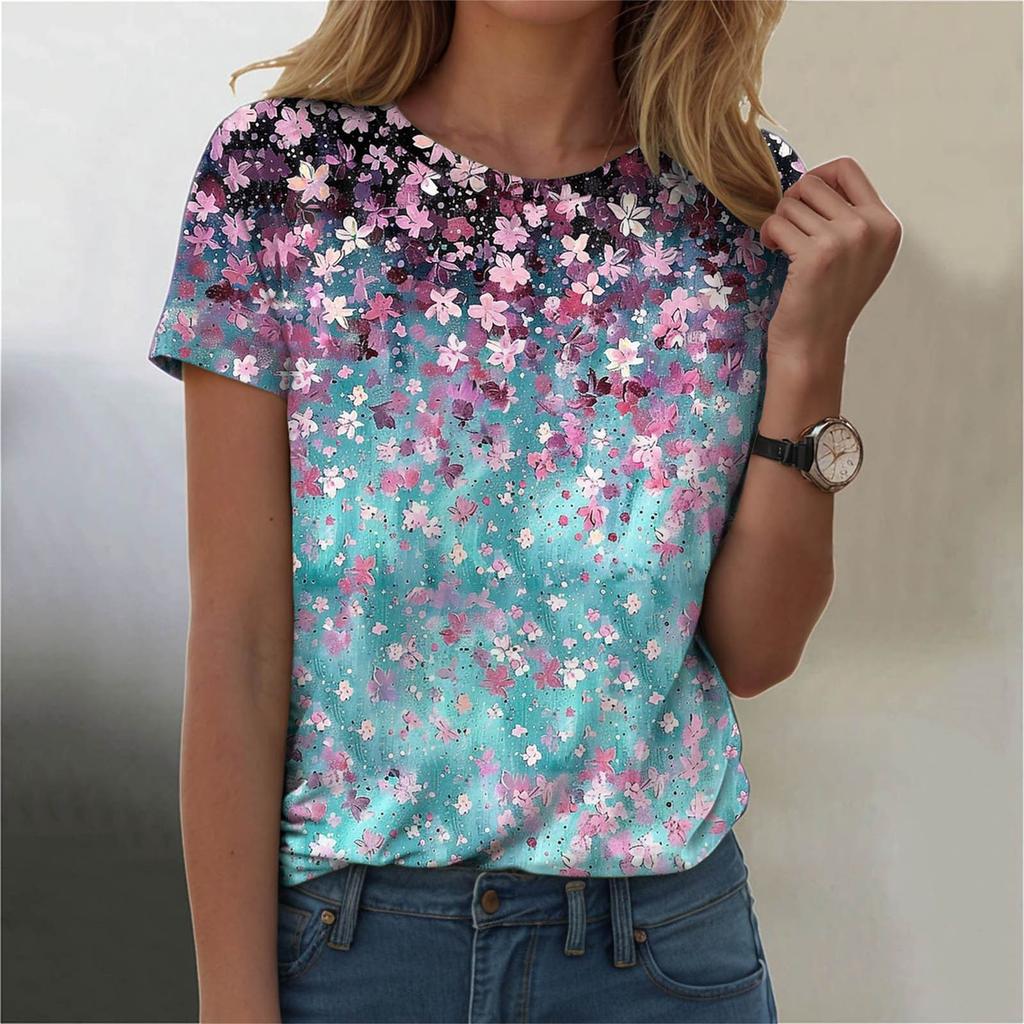 Summer Round Neck Floral Pattern 3D Print Top Fashionable Casual Short Sleeved Women's T-shirts