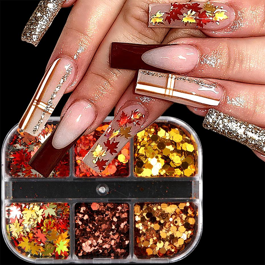 Xiaomi 6 Grids Fall Maple Leaf Nail Glitter Sequins Metallic Autumn Hexagon Nail Art Flakes Orange Gold Red Nail Decorations Manicure