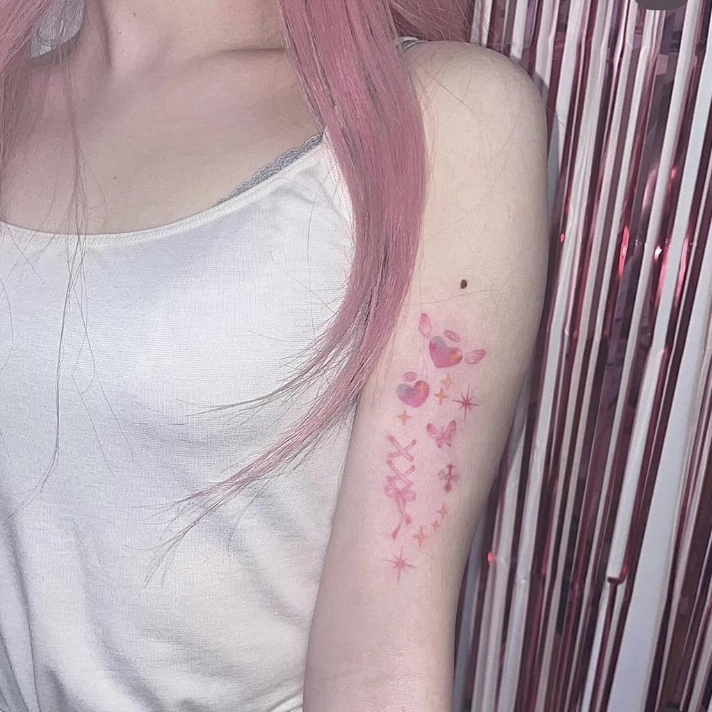 Sweet Cool Pink Love Tattoo Sticker Waterproof Long-Lasting Female Butterfly Star Cross Arm Sticker