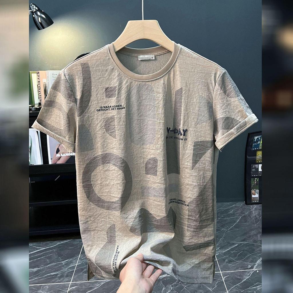 Men's Ultra-Thin Hip Hop Letter Print Short Sleeve T-Shirt, Summer 2024 Korean Style