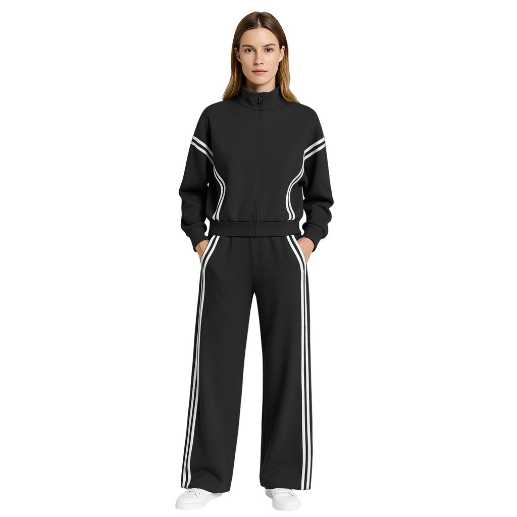 Women's Fashion Solid Color Long Sleeved Zipper Sweatshirt Jacket With Elastic Waist Pocket And Casual Sweatpants Two-piece Set