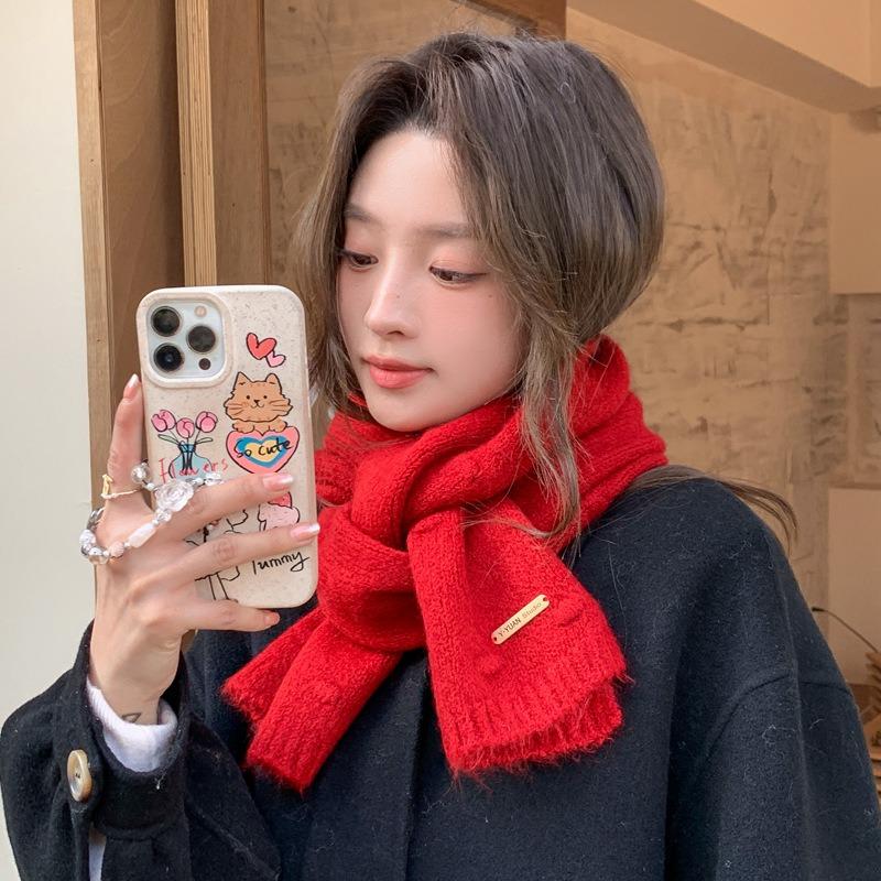 New Christmas gift cute red scarf women's winter new warm versatile knitted wool couple scarf