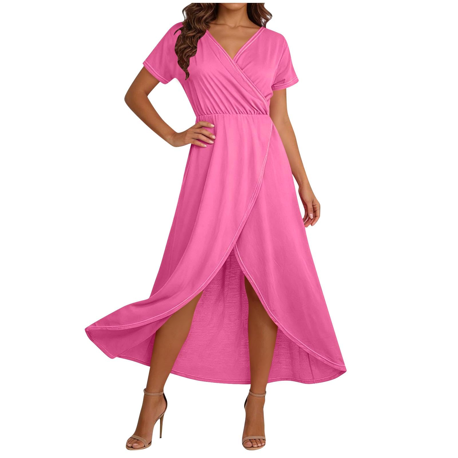 

Women s Elegant Loose-Fit V-Neck Short-Sleeve Flowing Resort Dress S