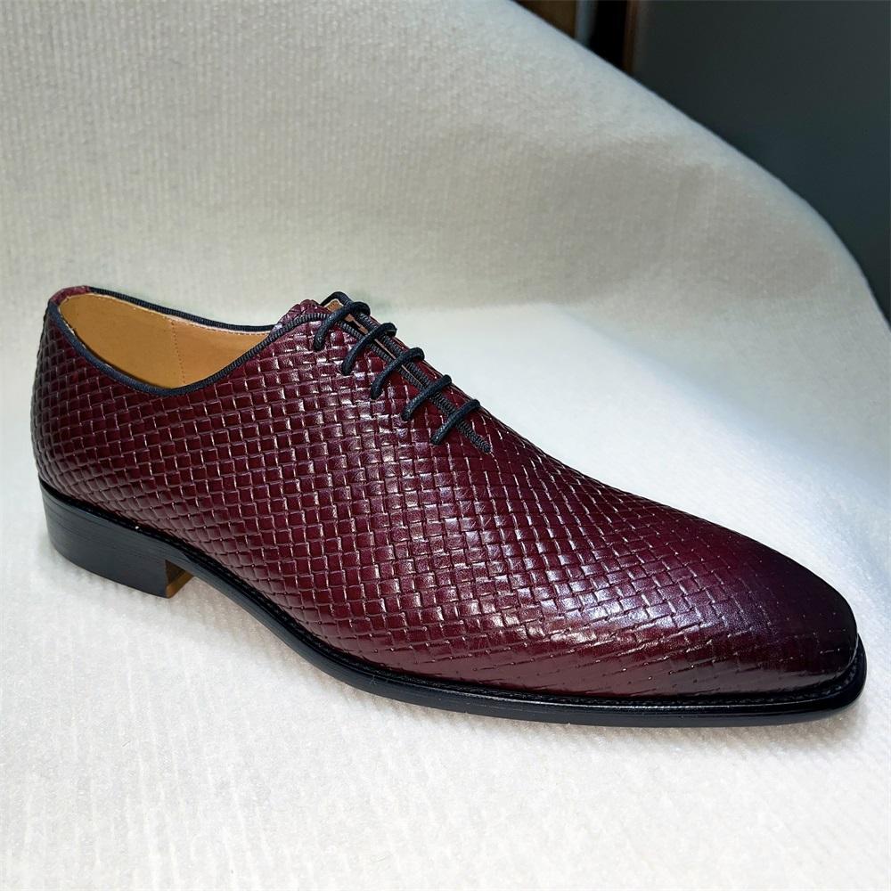Fashion Elegant Handmade Cowhide Dress Shoes for Men Lace-Up Pointed Toe Plaid Red Breathable Leather High-Quality Sizes 39-46
