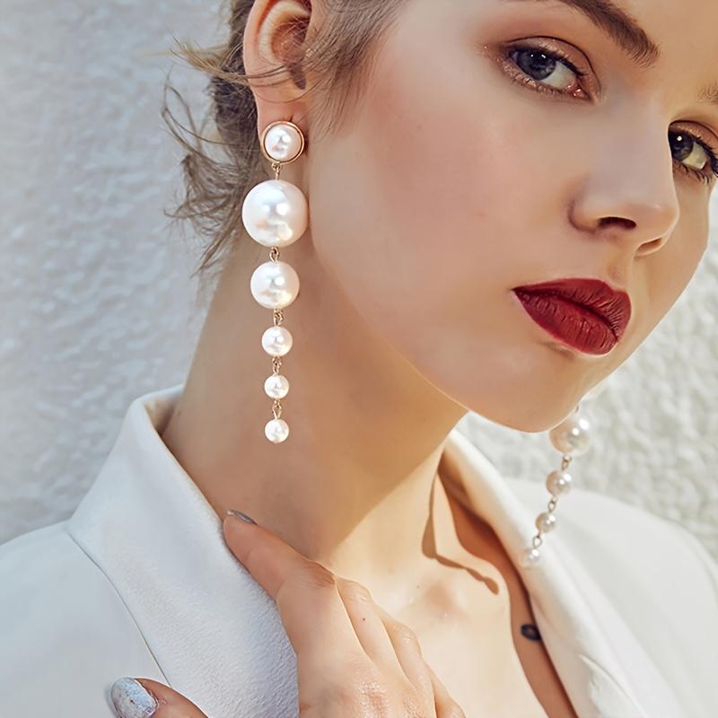 1 Pair Fashion Korean Long Pearl Drop Earrings, Women Trendy Elegant Created Big Simulated Pear Earrings, Jewelry Accessories