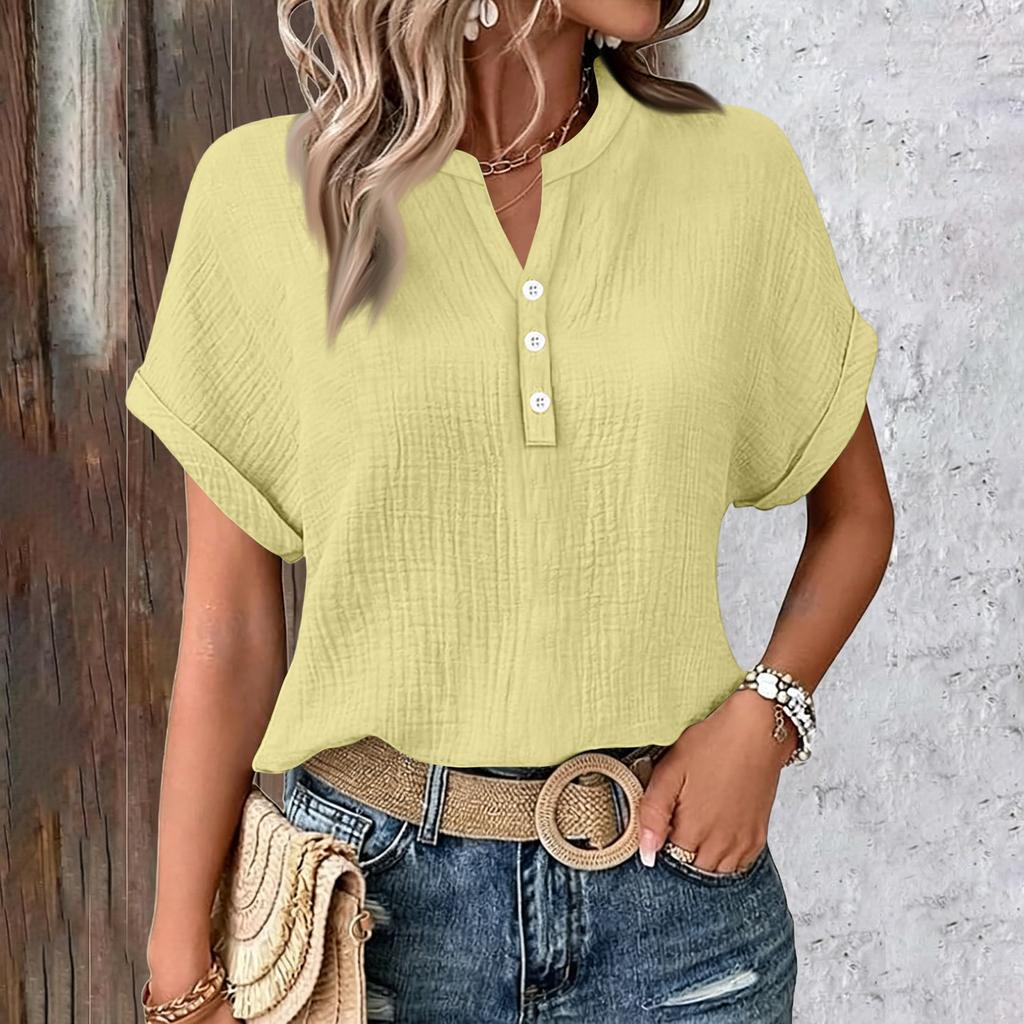 Womens Summer Tops Casual Button V Neck Short Sleeve Shirts Loose Pullover Tops Oversized Lightweight Blouses