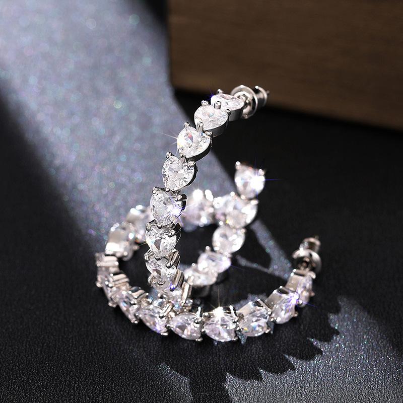 Multi Heart Shape Cubic Zirconia Open C Hoop Earrings Prong Set Rose Gold Plated Elegant Party Banquet Ladies Accessories