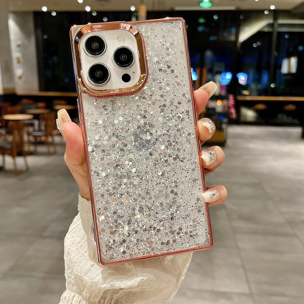 Electroplated square Epoxy sequin glitter iPhone16Promax mobile phone case for Apple 14Pro protective case