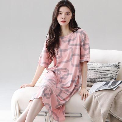 Damen Sommer Koreanischer Stil Reine Baumwolle Kurzarm Locker Mittellang Nachthemd Pyjama für Zuhause oder Freizeit