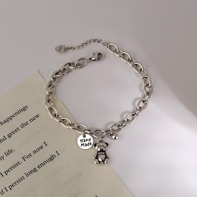 925 Sterling Silver Cute Bear Disc Bracelet for Women Retro Thai Silver Bracelet Jewelry Gift